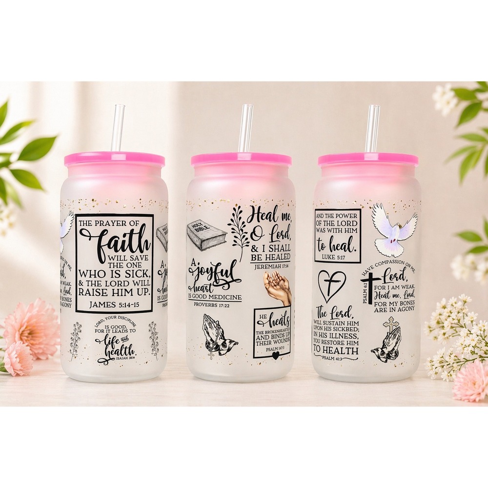 Christian Healing Scripture Glass Tumbler with Straw, Faith Gift Cup